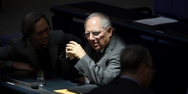 German Finance Minister Wolfgang Schaeuble waits before the start of a parliamentary session on the supplementary budget law for 2015 at the German lower house of Parliament Bundestag, on April 23, 2015 in Berlin.AFP PHOTO / TOBIAS SCHWARZ (Photo credit should read TOBIAS SCHWARZ/AFP/Getty Images)