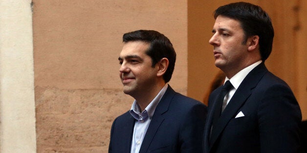 ROME, ITALY - FEBRUARY 03: Italian Prime Minister Matteo Renzi meets newly elected Greece's Prime Minister Alexis Tsipras at Palazzo Chigi on February 3, 2015 in Rome, Italy. Leftist Prime Minister Alexis Tsipras his touring Europe this week to build support for a renegotiation of the huge bailout, over strong opposition from Germany. (Photo by Franco Origlia/Getty Images)