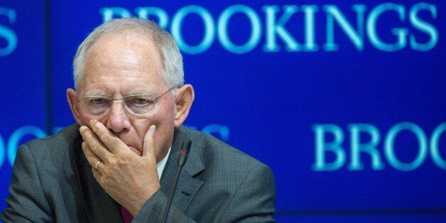 German Federal Minister of Finance Wolfgang Schauble is seen shortly before delivering remarks entitled, 'Eurozone at a crossroads (again): A conversation with Wolfgang Schauble.' at the Brookings Institute April 16, 2015, in Washington, DC. AFP PHOTO/PAUL J. RICHARDS (Photo credit should read PAUL J. RICHARDS/AFP/Getty Images)