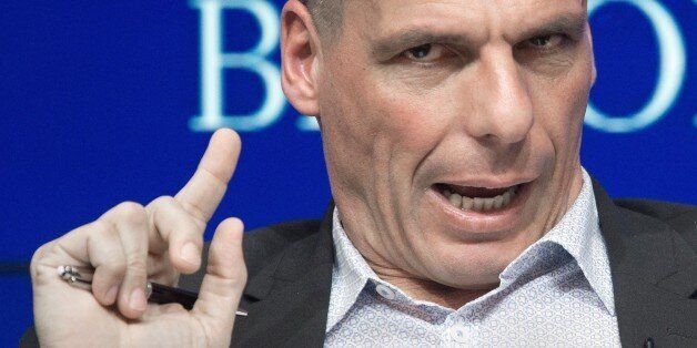 Greek Finance Minister Yanis Varoufakis delivers remarks at the Brookings Institute in Washington, DC on April 16, 2015. With an April 24 deadline looming for Greece to reach a deal on new financing from EU creditors, markets are fearful that it could fail to pay its debts and split from the eurozone. AFP PHOTO/ PAUL J. RICHARDS (Photo credit should read PAUL J. RICHARDS/AFP/Getty Images)