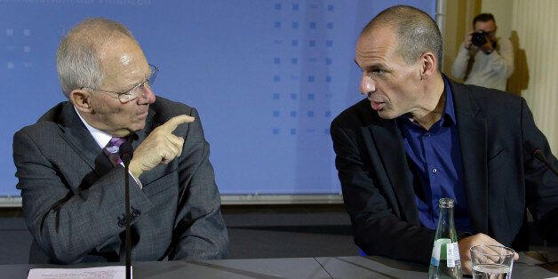 FILE - The Feb 5, 2015 file photo shows German Finance Minister Wolfgang Schaeuble, left, pointing a finger to the Finance Minister of Greece, Yanis Varoufakis, right, during a joint press conference as part of a meeting in Berlin, Germany. Relations between Greeceâs new government and Germany have got off to a rocky start after Prime Minister Alexis Tsipras swept to power in January on pledges to end German-backed austerity. Here is a glance at some of the issues that are causing friction