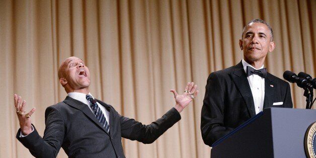 WASHINGTON, DC - APRIL 25: The presidents translator, Luther (L), as portrayed by comedian Keegan-Michael Key, gestures as President Barack Obama speaks at the annual White House Correspondent's Association Gala at the Washington Hilton hotel April 25, 2015 in Washington, D.C. The dinner is an annual event attended by journalists, politicians and celebrities. (Photo by Olivier Douliery-Pool/Getty Images)