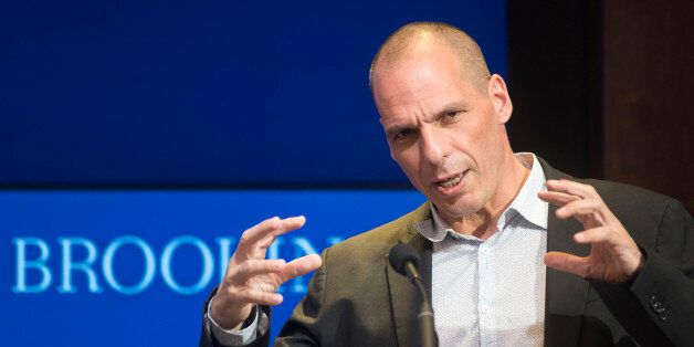 Greek Finance Minister Yanis Varoufakis speaks at the Brookings Institution in Washington, Thursday, April 16, 2015. (AP Photo/Kevin Wolf)