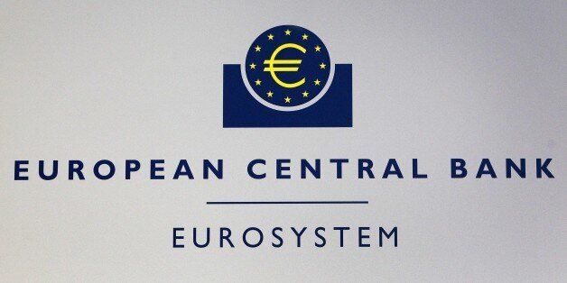 The Euro logo of the European Central Bank (ECB) is pictured on the sidelines of a press conference following the meeting of the bank's Governing Council in Frankfurt am Main, western Germany, on April 15, 2015. Mario Draghi, President of the European Central Bank, said that there was 'clear evidence' that the bank's monetary policy measures were 'effective' and the ECB would ensure they were implemented fully. AFP PHOTO / DANIEL ROLAND (Photo credit should read DANIEL ROLAND/AFP/Getty Images)