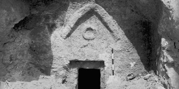 JERUSALEM, ISRAEL - FILE PHOTO: This photo provided by the Israeli Antiquities Authority (IAA) on February 26, 2007, shows the facade of a 1st century AD burial tomb in the Jerusalem neighborhood of Talpiot which was discovered and excavated by Israeli archaeologists in 1980. The tomb cave contained 10 ossuaries of which six bear inscriptions identifying them as those of Yeshua son of Yehosef (Jesus son of Joseph), Maryam (Mary), Marya (Mary), Matya (Matthew), Jehosef (Joseph) and Yehuda son of