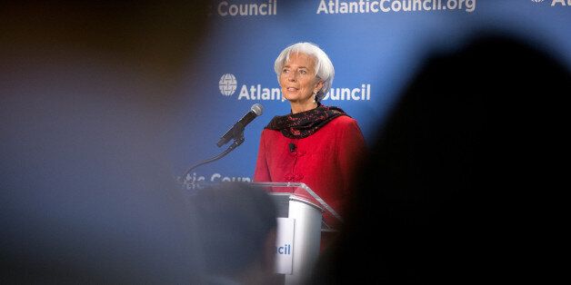 International Monetary Fund (IMF) Managing Director Christine Lagarde speaks at the Atlantic Council, Thursday, April 9, 2015, in Washington. Lagarde looks ahead to the 2015 IMF/World Bank Spring Meetings and discusses the state of the global economy and the challenges and risks. (AP Photo/Andrew Harnik)