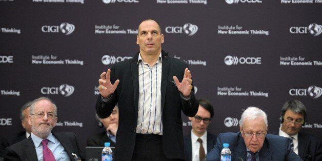 Greek Finance Minister Yanis Varoufakis speaks during a session of the 6th annual conference of the Institute for new economic thinking (INET) at the OECD headquarters in Paris on April 9, 2015. AFP PHOTO / ERIC PIERMONT (Photo credit should read ERIC PIERMONT/AFP/Getty Images)