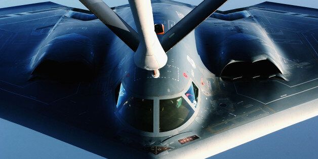 OVER THE INDIAN OCEAN - MARCH 28: A B-2 Spirit Stealth Bomber receives fuel from a KC-135 Stratotanker of the 931st Air Refueling Group March 28, 2003 over the Indian Ocean. The Pentagon has announced its intention to almost double the military ground strength in the Gulf to about 200,000 troops over the next month. (Photo by Cherie A. Thurlby/U.S. Air Force/Getty Images)