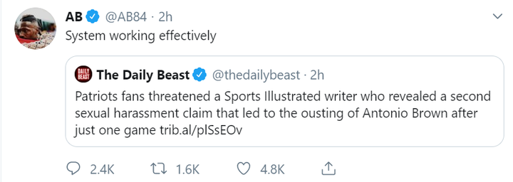 In a since-deleted tweet, Brown appeared to support threats reportedly being made against a Sports Illustrated reporter.