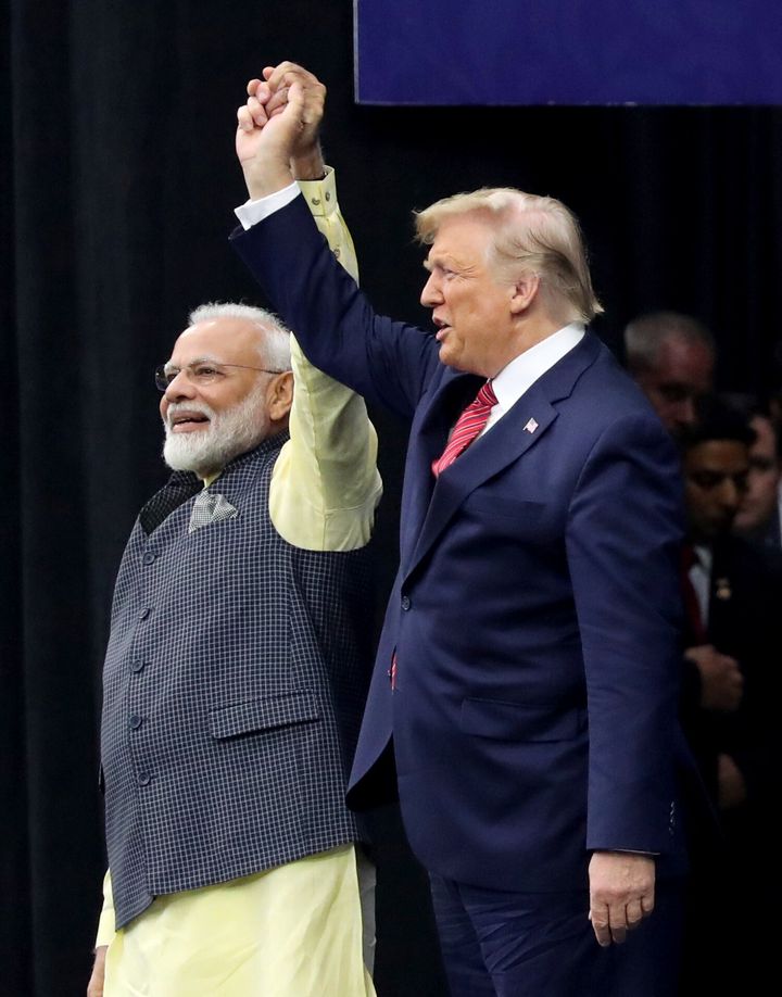 Trump, who called the gathering a &ldquo;profoundly historic event,&rdquo; was greeted with a standing ovation by the Indian-