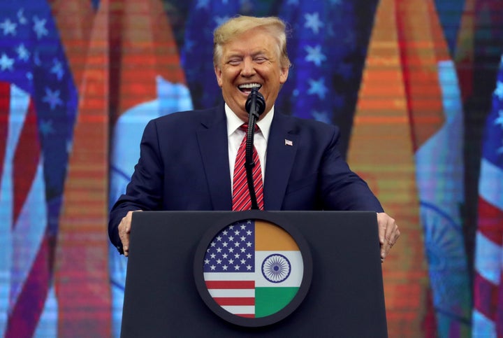 President Donald Trump speaks during the "Howdy Modi" event in Houston on Sunday.