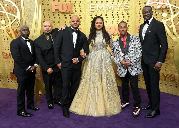 From left to right: Raymond Santana, Antron McCray, Kevin Richardson, Ava DuVernay, Korey Wise and Yusef Salaam arrive for the 71st Emmy Awards.The 