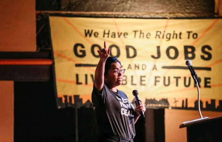 Jessica Cisneros, the 26-year-old Texas progressive challenging Rep. Henry Cuellar, speaks at a Green New Deal rally in June.