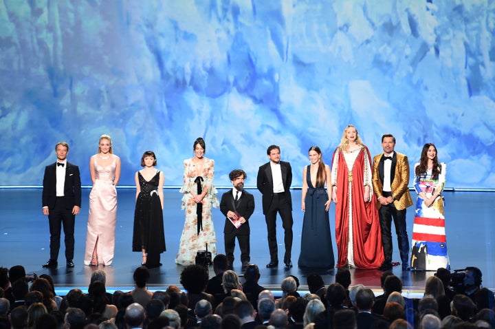 Alfie Allen, Sophie Turner, Maisie Williams, Lena Headey, Peter Dinklage, Kit Harington, Emilia Clarke, Gwendoline Christie, Nikolaj Coster-Waldau, and Carice van Houten speak onstage during the 71st Emmy Awards at Microsoft Theater on September 22, 2019 in Los Angeles, California.