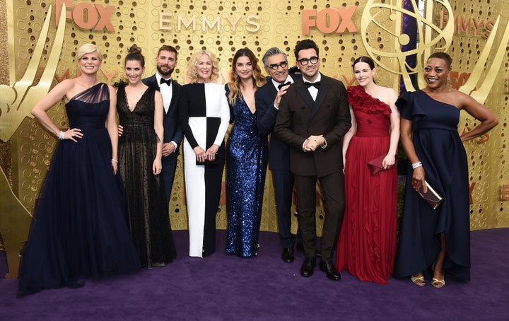 The "Schitt's Creek" cast, from left: Jennifer Robertson, Sarah Levy, Dustin Milligan, Catherine O'Hara, Annie Murphy, Eugene Levy, Daniel Levy, Emily Hampshire, Karen Robinson, at the Emmy Awards on Sunday, Sept. 22, 2019.