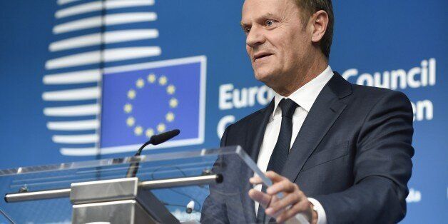EU Council president Donald Tusk holds a joint press conference with EU Commission president during a European Council summit at the Council of the European Union (EU) Justus Lipsius building in Brussels on March 20, 2015. AFP PHOTO / JOHN THYS (Photo credit should read JOHN THYS/AFP/Getty Images)