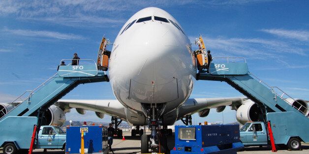 Getting cozy with an Airbus A380 during the first-ever visit of an A380 to San Francisco International AirportOctober 4, 2007ATTENTION BAY AREA PHOTOGRAPHERS!Telstar Logistics has learned that the A380 will do a low and slow flyby over the City of San Francisco on Friday, October 5, between 2:30 and 3 pm, just before the Blue Angels begin their practice flight at 3 o'clock. We're told that the A380 will approach via the Golden Gate Bridge before making an arc over Alcatraz and flying past downto