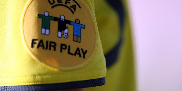 EUPEN, BELGIUM - MAY 07: The official Uefa Fair play logo is seen during the Womens Euro 2009 qualifier match between Belgium and Germany at the KAS-Stadium on May 7, 2008 in Eupen, Belgium. (Photo by Christof Koepsel/Bongarts/Getty Images)