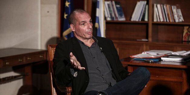 Yanis Varoufakis, Greece's finance minister, speaks during a Bloomberg Television interview at his office in Athens, Greece, on Wednesday, Feb. 25, 2015. Varoufakis said he's counting on the European Central Bank to help the country avert default when it runs out of money next month, while bank deposits are also starting to flow back. Photographer: Yorgos Karahalis/Bloomberg via Getty Images