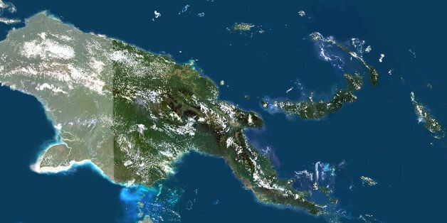 Satellite view of Papua New Guinea (with mask). This image was compiled from data acquired by LANDSAT 5 & 7 satellites., Papua New Guinea, Asia, True Colour Satellite Image With Mask (Photo by Planet Observer/Universal Images Group via Getty Images)