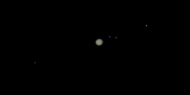 UNITED KINGDOM - SEPTEMBER 12: Jupiter & the Moons 12 Sep 2011. From left to right are Callisto, Io, Europa & Ganymede. It was taken using a DSLR camera through a small refractor and is a good representation of a typical visual view of the planet through a modest aperture telescope. (Photo by Jamie Cooper/SSPL/Getty Images)
