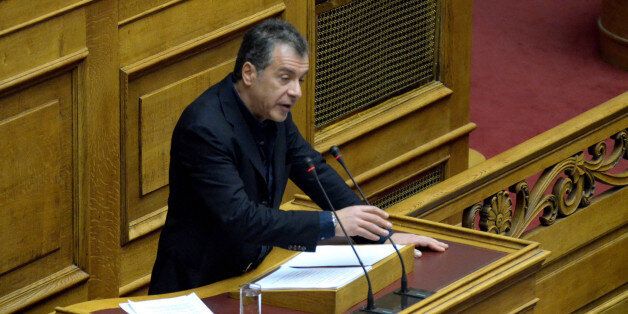 ATHENS, GREECE - 2015/02/10: Leader of 'To Potami' political party Stavros Theodorakis gives a speech. Greek Legislators voted in the Greek Parliament for a Vote of Confidence towards the Greek Government. Greek Coalition government of SYRIZA and Independent Greeks political parties won the majority of the votes 162 among 299 legislators that were present. (Photo by George Panagakis/Pacific Press/LightRocket via Getty Images)