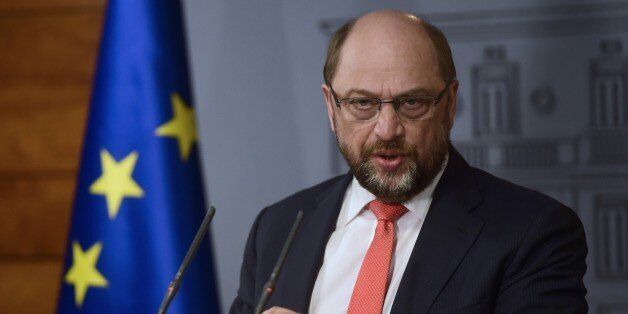 European Parliament head Martin Schulz gestures during a press conference held after a meeting with Spanish Prime Minister Mariano Rajoy at the Moncloa palace in Madrid on March 5, 2015. AFP PHOTO/ PIERRE-PHILIPPE MARCOU (Photo credit should read PIERRE-PHILIPPE MARCOU/AFP/Getty Images)