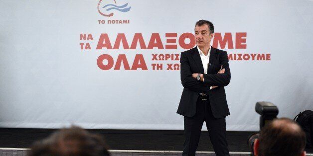 Stavros Theodorakis, a 51-year-old former journalist, speaks during a televised press conference of his party 'To Potami' in Athens on January 21, 2015, prior to national elections set for January 25. Created in April 2014, To Potami (Greek for 'The River') is a pro-European party presenting itself as 'the third-ranking power that will protect the country' and is most likely to serve as a coalition partner to Syriza or New Democracy. AFP PHOTO/ LOUISA GOULIAMAKI (Photo credit should read