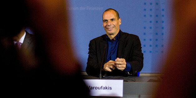 BERLIN, GERMANY - FEBRUARY 05: New Greek Finance Minister Yanis Varoufakis attend a press conference with German Finance Minister Wolfgang Schaeuble following talks on February 5, 2015 in Berlin, Germany. Varoufakis is touring several European cities and yesterday met with Mario Draghi at the European Central Bank following announcements by the new Greek government to sharply alter its relationship with the troika of loan-giving entities. (Photo by Carsten Koall/Getty Images)