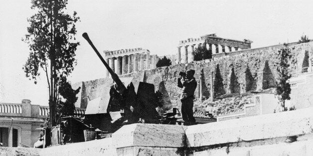 German anti-aircraft guns are posted on the Acropolis in Athens, Greece, June 4, 1941 during World War II. (AP Photo)