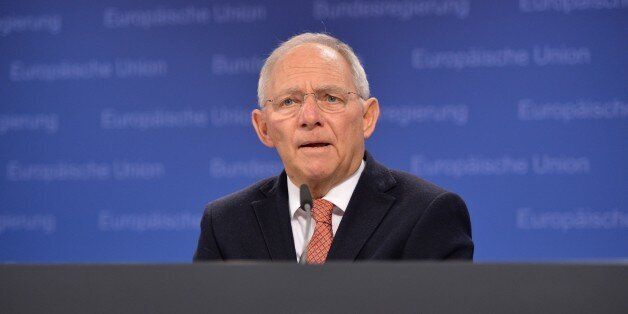 BRUSSELS, BELGIUM - FEBRUARY 17: Germany's Federal Minister of Finance Wolfgang Schaeuble gives a speech during a press conference after European Union (EU) Economy and Finance Ministers Meeting at the European Council's building in Brussels, Belgium on February 17, 2015. (Photo by Dursun Aydemir/Anadolu Agency/Getty Images)