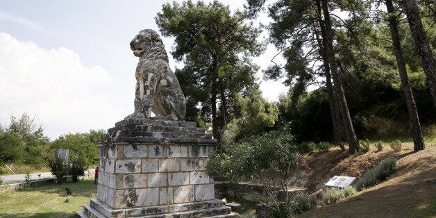 AMPHIPOLIs, GREECE - SEPTEMBER 14: The Lion of Amphipolis (The Amphipolis Lion) on September 14, 2014 in Amphipolis, Greece. The Lion of Amphipolis in Macedonia in northern Greece dates to the 4th century BC . The lion was re- erected in 1936. Lion monuments were commemorative of the dead soldiers at the battlefield. The monument located near the Kasta Hill, a vast tomb from the last quarter of the 4th century BC, known as the Hellenistic Period. This is the biggest burial tomb ever unearthed