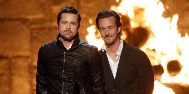 LOS ANGELES, CA - MAY 30: (L-R) Honorees Brad Pitt and Edward Norton accept the Discretionary Guy Movie Hall of Fame for 'Fight Club' onstage at Spike TV's 2009 'Guys Choice Awards' held at the Sony Studios on May 30, 2009 in Los Angeles, California. (Photo by Kevin Winter/Getty Images)