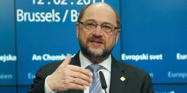 BRUSSELS, BELGIUM - FEBRUARY 12: Martin Schulz, President of the European Parliament holds a press conference after an European Union summit in Brussels, Belgium on February 12, 2015. (Photo by Dursun Aydemir/Anadolu Agency/Getty Images)