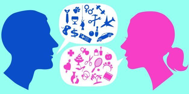 Male and female profile with speech bubbles, filled with symbols of stereotypical men and women interests. Vector illustration