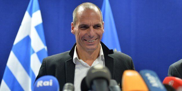 BRUSSELS, BELGIUM - FEBRUARY 20: Greek Finance Minister Yanis Varoufakis holds a press conference after the Eurogroup Council meeting on February 20, 2015 at EU Headquarters in Brussels. (Photo by Dursun Aydemir/Anadolu Agency/Getty Images)