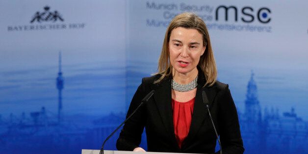 Federica Mogherini, High Representative of the European Union for Foreign Affairs and Security Policy delivers a speech at the 51. Security Conference in Munich, Germany, Sunday, Feb. 8, 2015. (AP Photo/Matthias Schrader)