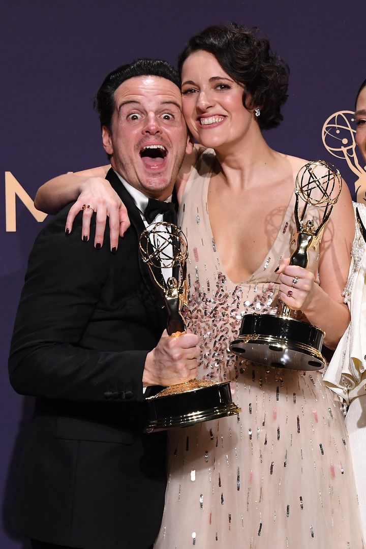 (L-R) Andrew Scott, and Phoebe Waller-Bridge winners of the Outstanding Comedy Series award for 'Fleabag,' pose in the press room during the 71st Emmy Awards at Microsoft Theater 