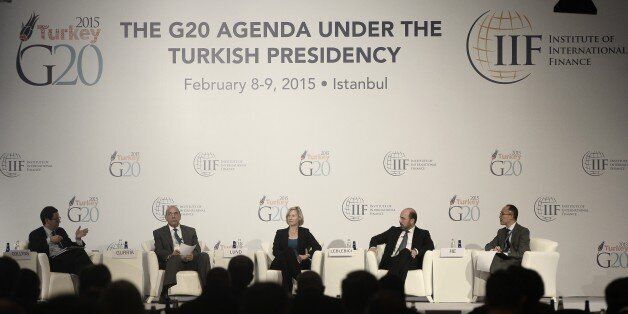 ISTANBUL, TURKEY - FEBRUARY 09: CEO of TEB Umit Leblebici (2nd R), Director of Research at the MGI Susan Lund (C), OECD General-Secretary Jose Angel Gurria (2nd L) and Deputy Director in the Monetary and Capital Markets Department of IMF Dong He (R) attend at 'The G20 Agenda Under The Turkish Presidency' conference in Istanbul, Turkey on February 09, 2015. Conference takes place from Feb. 8, 2015 until Feb. 9, 2015. (Photo by Berk Ozkan/Anadolu Agency/Getty Images)