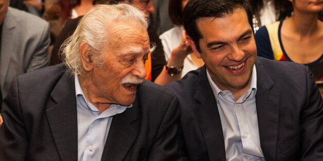 ATHENS, GREECE - 2014/04/29: Alexis Tsipras, leader of Syriza (Coalition of Radical left) in Greece, presents the ballot for the EU Parliamentary Elections. Manolis Glezos, (left) the flagship member of Syriza, is seen talking with Alexis Tsipras leader of the Party. (Photo by Andreas Papakonstantinou/Pacific Press/LightRocket via Getty Images)