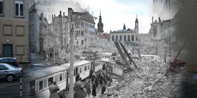 COMPOSITE: This digital composite image shows Moritzstrasse and the Juedenhof palace in 1946 still wrecked from the Allied firebombing of February 13, 1945 (Fred Ramage, Keystone) as well as the same area today on February 7, 2015 (Sean Gallup). *** ARCHIVE *** #3348955 DRESDEN, GERMANY - MARCH 13, 1946: People getting on trams in the midst of the ruins left by an Allied air raid on Johannstrasse, Dresden, in the Soviet zone of Germany after the Second World War. (Photo by Fred Ramage/Keystone