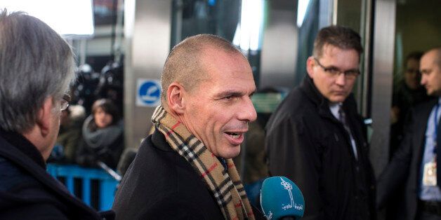 Yanis Varoufakis, Greece's finance minister, speaks to reporters as he arrives for an emergency meeting of European finance ministers in Brussels, Belgium, on Wednesday, Feb. 11, 2015. Euro-area finance ministers challenged Greece to lay out ideas for a deal with its official creditors, saying they'll listen without anticipating an immediate accord. Photographer: Jasper Juinen/Bloomberg via Getty Images