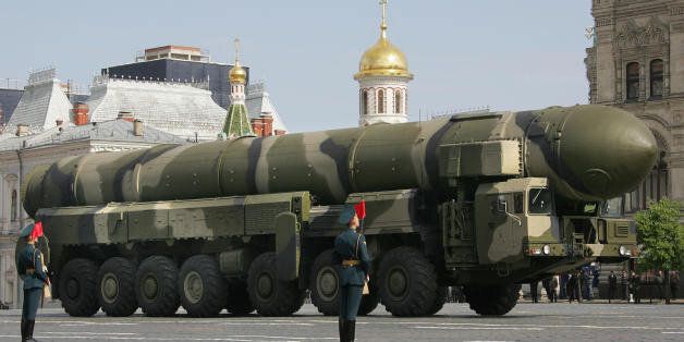 A Russian Topol-M ICBM drives across Red Square during a Victory Day Parade in Moscow on May 9, 2008. Nuclear missiles and tanks paraded across Red Square for the first time since the Soviet era in a World War II victory celebration highlighting Russia's assertiveness under new President Dmitry Medvedev. AFP PHOTO / ALEXANDER NEMENOV (Photo credit should read ALEXANDER NEMENOV/AFP/Getty Images)