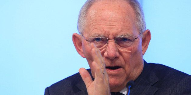 Wolfgang Schaeuble, Germany's finance minister, gestures as he speaks during a conference on strengthening Europe's economy at the Bertelsmann Foundation in Berlin, Germany, on Wednesday, Feb. 18, 2015. Greece will submit its request for a six-month loan extension to the euro-area Thursday, a day later than originally planned, according to a government official. Photographer: Krisztian Bocsi/Bloomberg via Getty Images