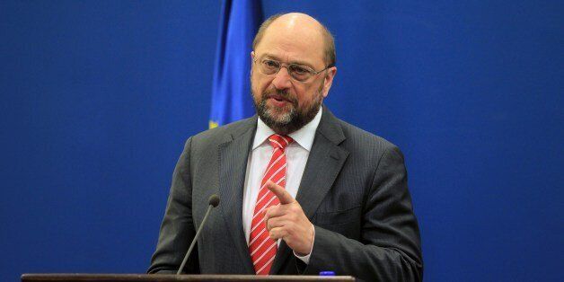 European Parliament President Martin Schulz speaks during a joint press conference with Palestinian prime minister in the West Bank city of Ramallah on February 10, 2014. Schultz is on an official visit to the Middle East until February 12. AFP PHOTO/ABBAS MOMANI (Photo credit should read ABBAS MOMANI/AFP/Getty Images)