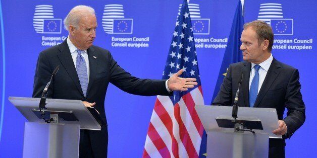 BRUSSELS, BELGIUM - FEBRUARY 6: European Council President Donald Tusk (R) and U.S. Vice President Joe Biden (L) give joint press release prior to their meeting in Brussels, Belgium on February 6, 2015. (Photo by Dursun Aydemir/Anadolu Agency/Getty Images)