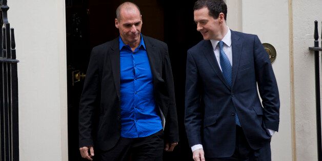 British Finance Minister George Osborne, right, walks out to bid farewell to Greece's new finance minister Yanis Varoufakis after their meeting at 11 Downing Street in London, Monday, Feb. 2, 2015. France's Socialist government offered support Sunday for Greece's efforts to renegotiate debt for its huge bailout plan, amid renewed fears about Europe's economic stability. The backing was a victory for Varoufakis, striking a more conciliatory tone as he seeks new conditions on debt from creditors