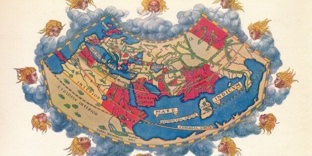 Ptolemy's Map of the World cA.D 150. The Ptolemy world map is a map of the known world to Hellenistic society in the 2nd century AD. It was based on the description contained in Ptolemy's book Geographia, written c150. Perhaps the most significant contributions of Ptolemy's maps are the first uses of longitudinal and latitudinal lines. Taken from 'A Book of Discovery', published by T. C. & E. C. Jack Ltd. 1912. (Photo by The Print Collector/Print Collector/Getty Images)