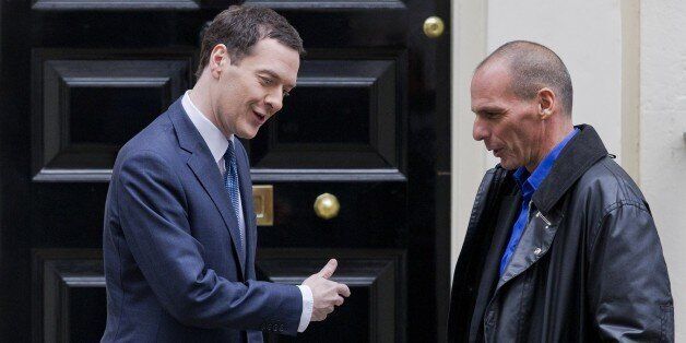Britain's Finance Minister George Osborne (L) greets Greek Finance Minister Yanis Varoufakis outside 11 Downing Street in central London on February 2, 2015. Greek Finance Minister Yanis Varoufakis was Monday set for talks with his British counterpart as he seeks to build support for a renegotiation of his country's 240-billion-euro ($270-billion) bailout in the face of German opposition. AFP PHOTO / JUSTIN TALLIS (Photo credit should read JUSTIN TALLIS/AFP/Getty Images)