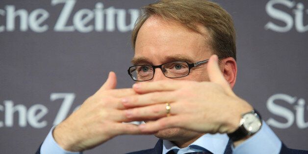 Jens Weidmann, president of the Deutsche Bundesbank, gestures at the Suddeutsche Zeitung economic summit in Berlin, Germany, on Friday, Nov. 28, 2014. Euro-area inflation slowed in November to match a five-year low, prodding the European Central Bank toward expanding its unprecedented stimulus program. Photographer: Krisztian Bocsi/Bloomberg via Getty Images